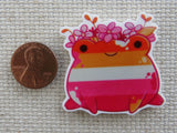Second view of Pink Stripped Frog with Flowers Needle Minder.