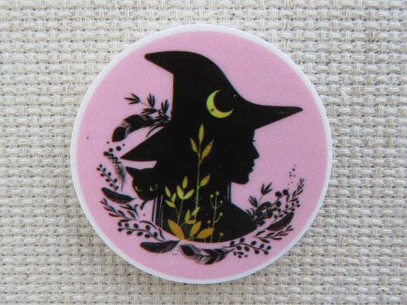 First view of Pink and Black Witch Silhouette Needle Minder.