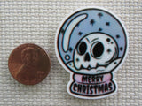 Second view of Skull Merry Christmas Snow Globe Needle Minder.