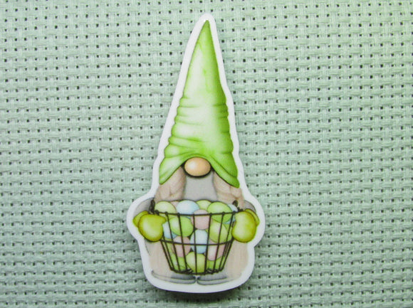 First view of the Green Gnome with A Basket Full of Easter Eggs Needle Minder