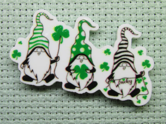 First view of the Trio of Lucky Shamrock Gnomes Needle Minder