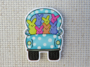 First view of Blue and White Polka Dot Easter Truck Needle Minder.