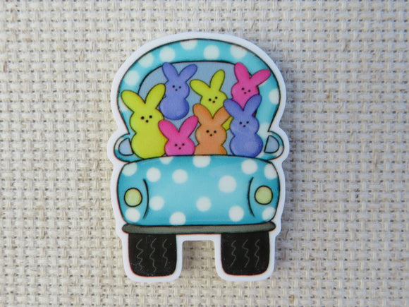 First view of Blue and White Polka Dot Easter Truck Needle Minder.