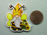 Second view of the Bee Gnome with Sunflowers Needle Minder