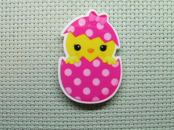 First view of the Cute Chick Peeking Out of a Pink Polka Dot Easter Egg Needle Minder
