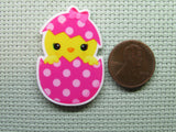 Second view of the Cute Chick Peeking Out of a Pink Polka Dot Easter Egg Needle Minder