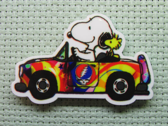 First view of the Snoopy Driving a Colorful Convertible Car Needle Minder