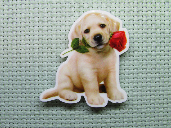 First view of the Adorable Puppy Bringing You a Rose Needle Minder