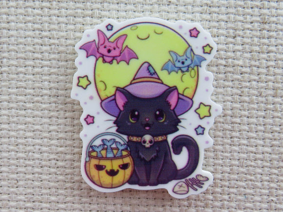 First view of Black Witch Cat with a Bucket of Fish and a Couple of Bats Flying in the Moon Needle Minder, Cover Minder