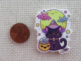 Second view of Black Witch Cat with a Bucket of Fish and a Couple of Bats Flying in the Moon Needle Minder, Cover Minder.