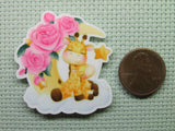 Second view of the Adorable Giraffe Pair On a Cloudy Moon with Pink Flowers Needle Minder