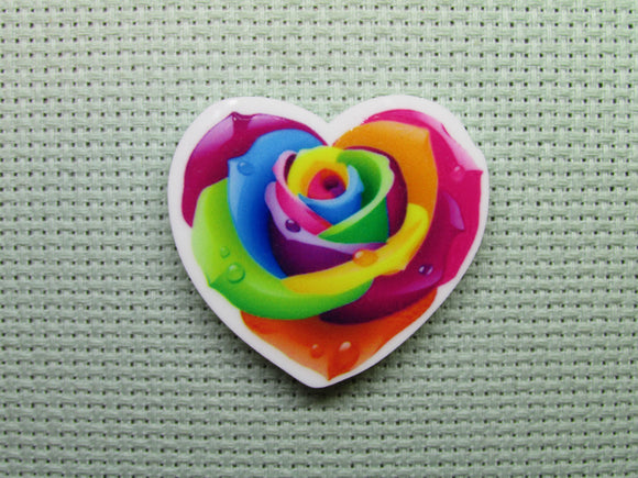 First view of the Beautiful Rainbow Colored Heart with Dew Drops Needle Minder