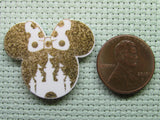 Second view of the Small Gold Colored Mouse Head with White Castle and a Polka Dot Bow Needle Minder