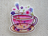 First view of Pink Wildflower Tea Cup Needle Minder.