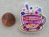 Second view of Pink Wildflower Tea Cup Needle Minder.