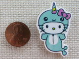Second view of Cute White Kitty as a Narwhal Needle Minder.