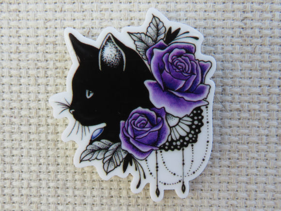 First view of Black Cat with Purple Flowers Needle Minder,.