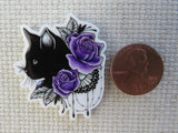 Second view of Black Cat with Purple Flowers Needle Minder,.