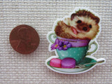 Second view of Hedgehog Sitting Atop a Stack of Teacups Needle Minder.