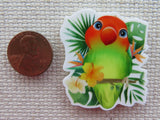 Second view of Green and Orange Lovebird Needle Minder,.