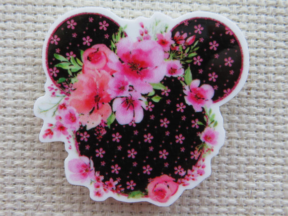 First view of Black and Pink Floral Mouse Ears Needle Minder.
