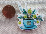Second view of Blue Teacup with Yellow Flowers Needle Minder.