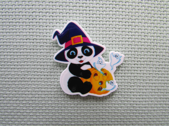 First view of the Witchy Panda Holding a Carved Pumpkin with Ghosts Flying Away Needle Minder