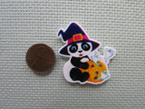 Second view of the Witchy Panda Holding a Carved Pumpkin with Ghosts Flying Away Needle Minder