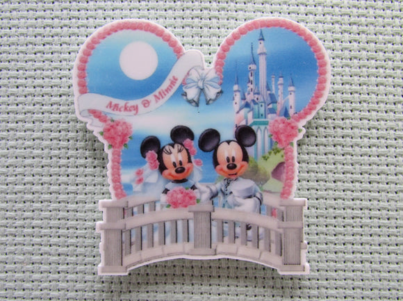 First view of the Wedding Day Mickey and Minnie on a Bridge Needle Minder