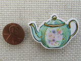 Second view of Green Floral Teapot Needle Minder.