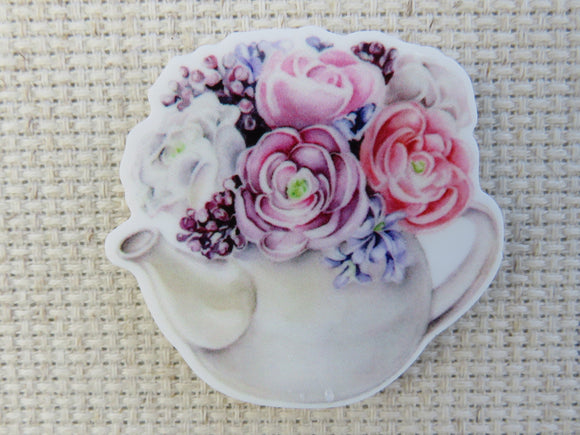 First view of White Teapot Filled with Beautiful Flowers Needle Minder,.