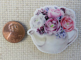 Second view of White Teapot Filled with Beautiful Flowers Needle Minder,.