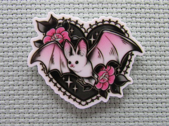 First view of the Cute Pink Bat in a Black Sky Heart Needle Minder
