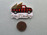 Second view of the Merry Christmas Buffalo Plaid Christmas Tree Carrying Truck Needle Minder