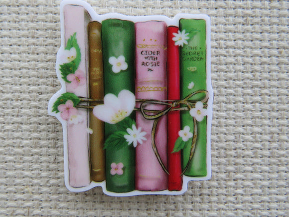 First view of Green and Pink Books with White Flowers Needle Minder.
