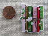 Second view of Green and Pink Books with White Flowers Needle Minder.