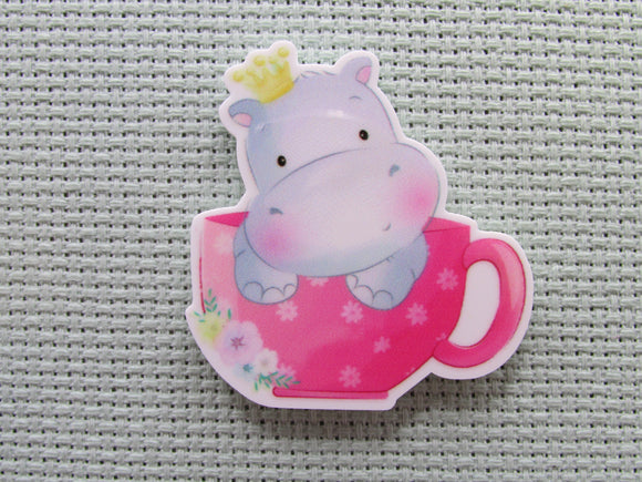 First view of the Hippo Queen in a Pink Tea Cup Needle Minder
