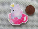 Second view of the Hippo Queen in a Pink Tea Cup Needle Minder