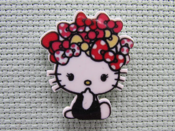 First view of the Cute White Kitty with Bows in her Hair Needle Minder