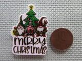 Second view of the Merry Christmas Gnome Trio in Front of a Christmas Tree Needle Minder