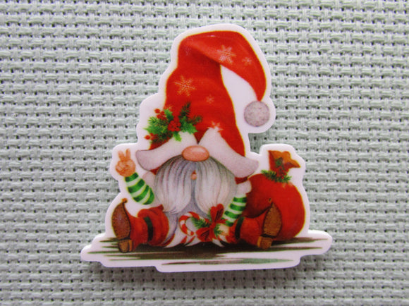 First view of the Christmas Gnome with a Bag of Goodies Needle Minder