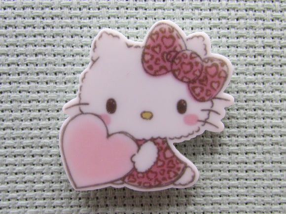 First view of the Cute White Kitty with a Pink Heart Needle Minder