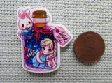 Second view of the Alice in a Drink Me Bottle with the White Rabbit Looking on Needle Minder