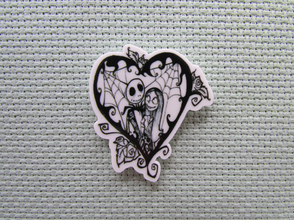 First view of the Black and White Jack and Sally Spiderweb Heart Needle Minder
