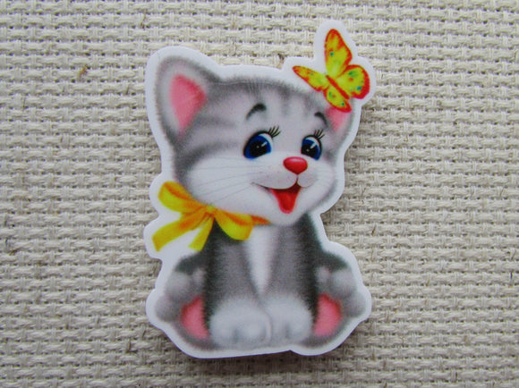 First view of the Tabby Cat with a Butterfly Friend Needle Minder