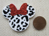 Second view of the Animal Print Mouse Head with a Red Glittery Bow Needle Minder