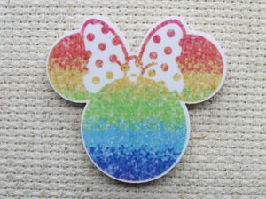 First view of the Rainbow Minnie Mouse Head with Polka Dot Bow Needle Minder
