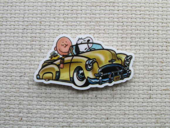 First view of the Snoopy, Charlie Brown and Woodstock Cruising in a Gold Convertible Needle Minder