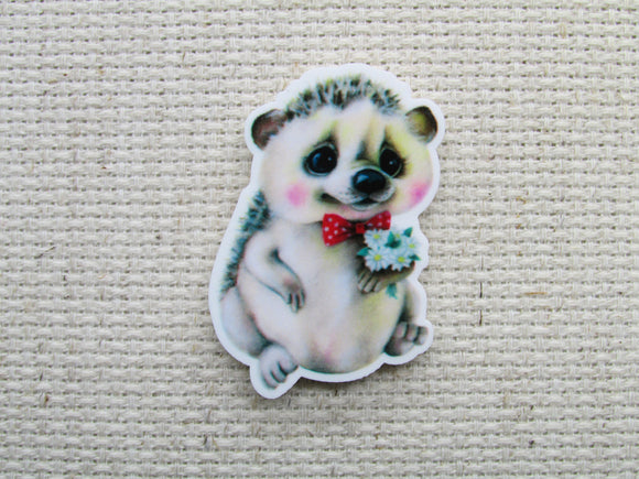 First view of the Bow Wearing Hedgehog with A Bouquet of Flowers. Needle Minder