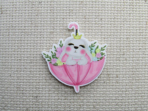First view of the Bunny in a Pink Umbrella Needle Minder